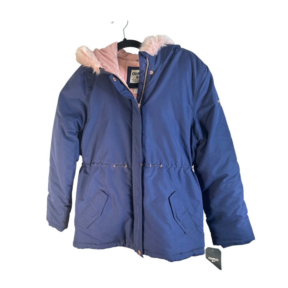 OshKosh Girl's Navy Blue Faux Fur Hooded Heavyweight Parka Jacket Size 14
